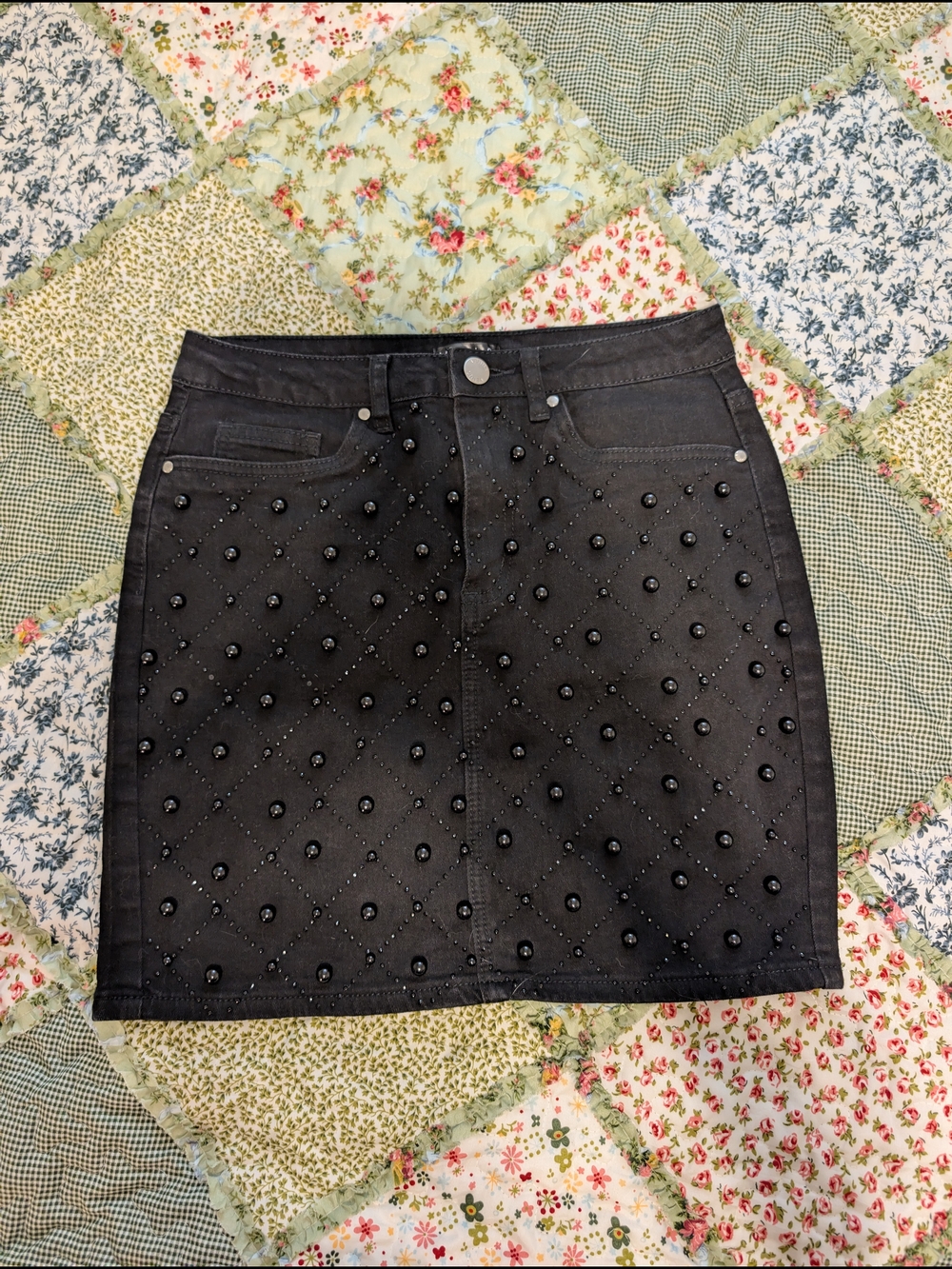 VENUS Black Beaded And Rhinestone Denim Mini Skirt